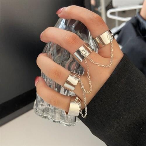 New Punk Cool Hip Pop Rings Multi-Layer Adjustable Chain Four Open Finger Rings Alloy Women Rotate Rings for Women Party Gift
