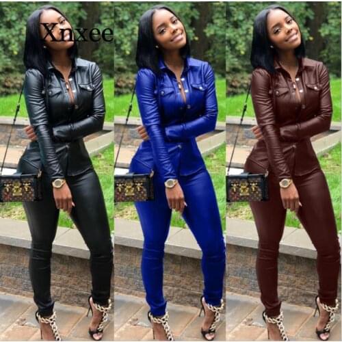 2020 Autumn Women Casual Tracksuit Long Sleeve Short Sweat Slim Tops and Straight Pants Two Piece Sets Female leather Outfit