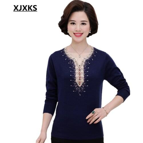 XJXKS Fashion Diamond Women Elegant Sweaters and Pullovers Crocheted Long Sleeve Autumn Winter Large Size Jumper 838