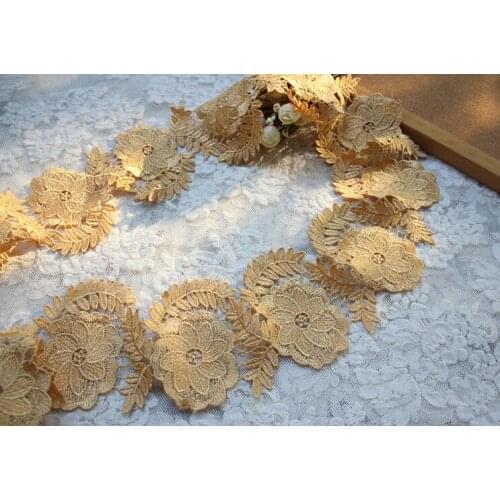 3 Meters High End Gold Lace Trim Water Soluble Golden Flower Lace Fabric For Wedding Bridal Dress Embroidered DIY Craft