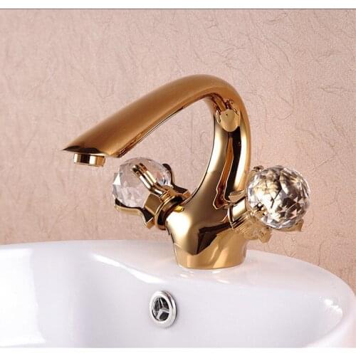 Free ship gold Finish double crystal handles Single Hole deck mounted bathroom lavatory sink faucet mixer tap new