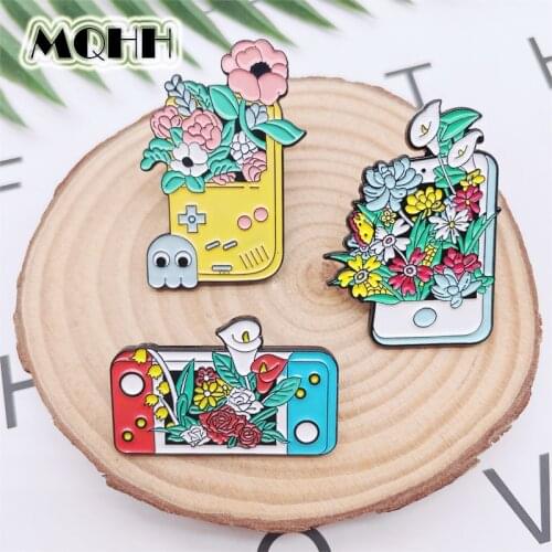 Cute Cartoon Mobile Phone Game Console Enamel Pins Colored Plants Flowers Alloy Brooches Badges Sweet Women Jewelry Gifts