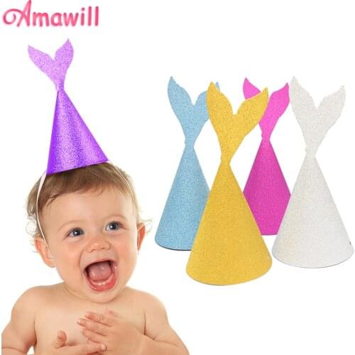 Amawill 5 Pcs Mermaid Paper Hat Princess Glitter Cap Baby Shower Under The Sea Party Supplies Girl Happy Birthday Decorations 6D