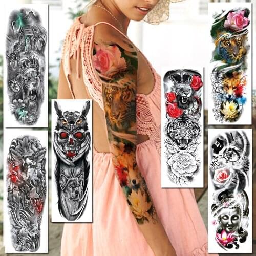Colorful Tiger Sleeve Fox Temporary Tattoos Sticker For Women Men Full Arm Fake Buddha Flower Warrior Owl Body Art Tatoos Decor