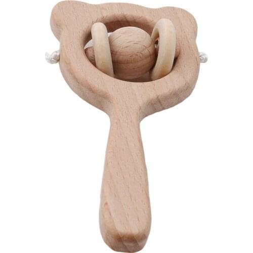 Baby Toys Beech Wood Bear Hand Teething Wooden Ring Can Chew Beads Baby Rattles Play Gym Montessori Stroller Toys