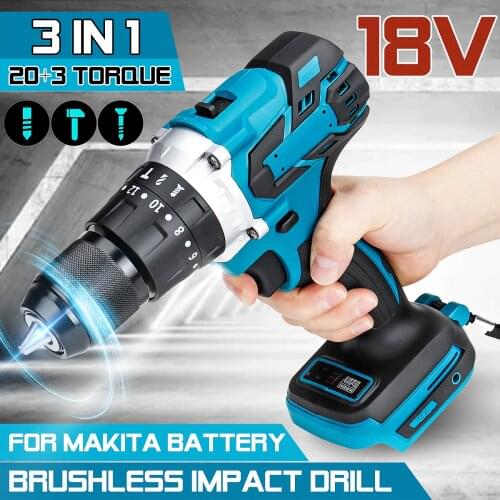 350N.m 3 in 1 Brushless Electric Hammer Drill Electric Screwdriver 13mm 20+3 Torque Cordless Impact Drill for Makita Battery 18V