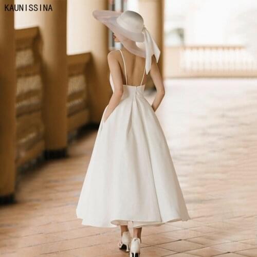 KAUNIISSINA Simple Wedding Dresses Spaghetti Straps Satin Bridal Gown Backless Vestido De Novia Wedding Party Gown Custom Made