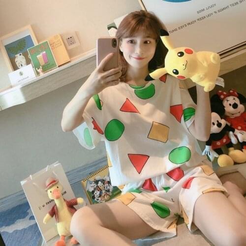 Summer Pajamas Womens Short-Sleeved Crayon Cartoon Anime Styles Cute Geometric Patterns Breathable And Comfortable Bathing Suit