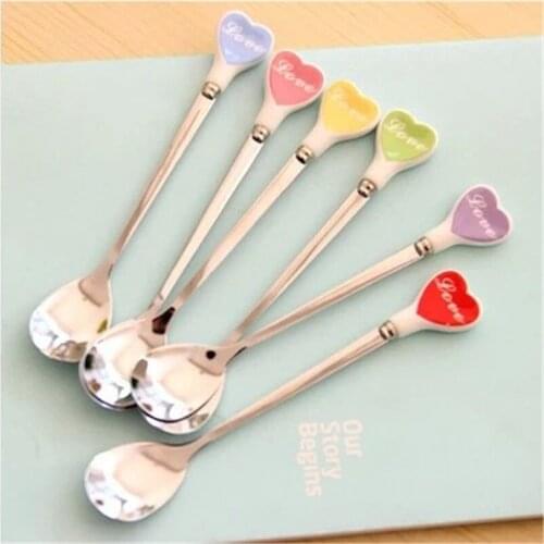 Ice cream dessert Tea Spoon Multicolor Love Hearts Long Ceramic Handle Stainless Steel Coffee Spoon Stirring Soup tableware