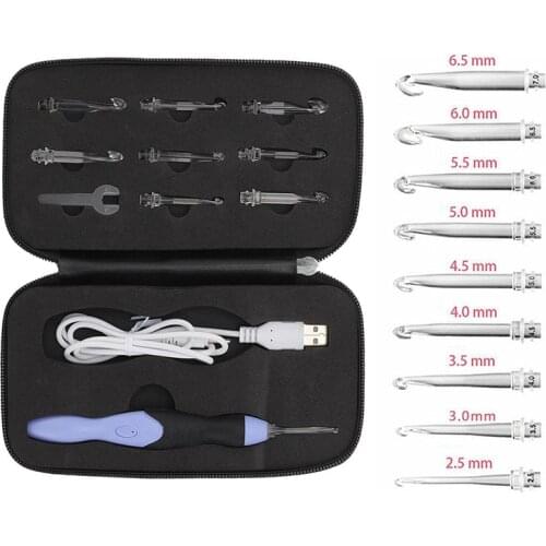 Mayitr 1Set 9-in-1 Crochet Hooks Kit Portable LED Knitting Tools Set Rechargeable Luminous Weave Crochet Needles