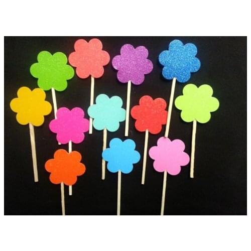 Mix colors Glitter flowers cupcake toppers Wedding Food treat Picks Bridal shower Bachelorette party decorations