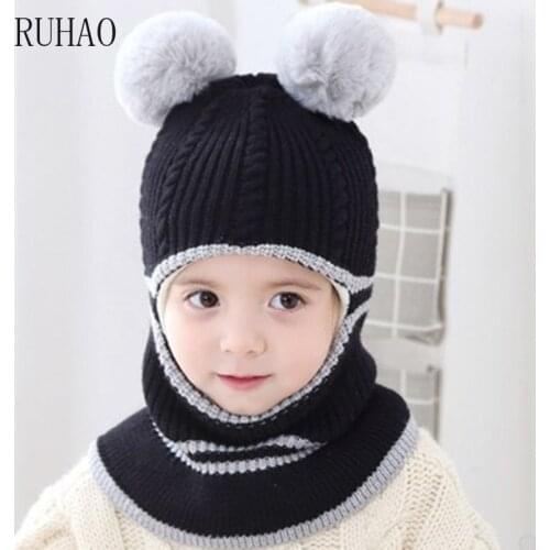 RUHAO Cute Kid Baby Boy Girl Hooded scarf Caps Hat Cartoon Ear Winter Warm Knit Flap Cap Scarf Delicately crocheted solid hat