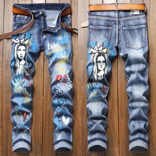 Mens colorful paint letters prints slimming blue jeans street fashion scratched denim pants Light luxury casual jeans pants