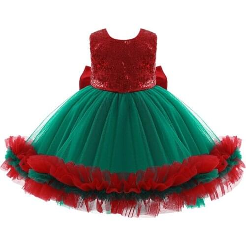 New Christmas Tutu Dress Clothes Bow Sequins Party Costume Red Children Elegant Prom Frocks Kids Dresses for Girls Casual Wear