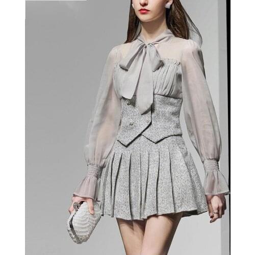 Autumn Fashion Sexy Bow Bandage Design See Through Long Lantern Sleeve Blouse + High Waist Short Pleated Skirts Two-piece Suit