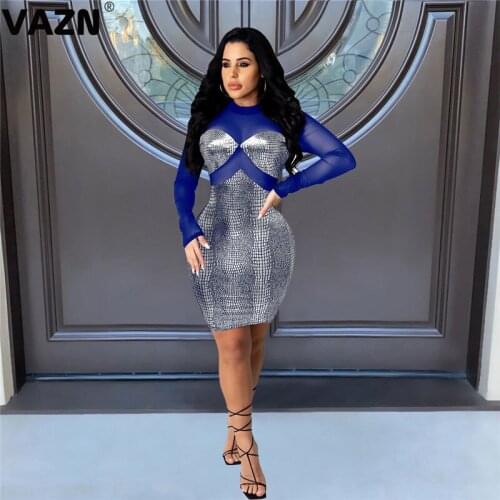 VAZN New 2020 Bandage Pleated Chic Ladies Slim Elegant Female Dress Club Birthday Shinny Dress Full Sleeve Turtleneck Dresses