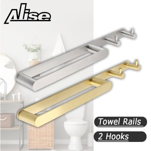Towel Rails with 2 Hooks Bathroom Towel Holder Wall Mounted 304 Stainless Steel Towel Bar 45CM Bathroom Rack shelf Kitchen Hooks