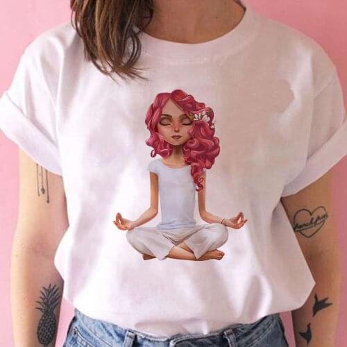 Casual Funny T Shirt Red hair Cartoon Girl Meditation Printed Hot Selling Short Sleeve Feminino Autumn Vetement Clothes