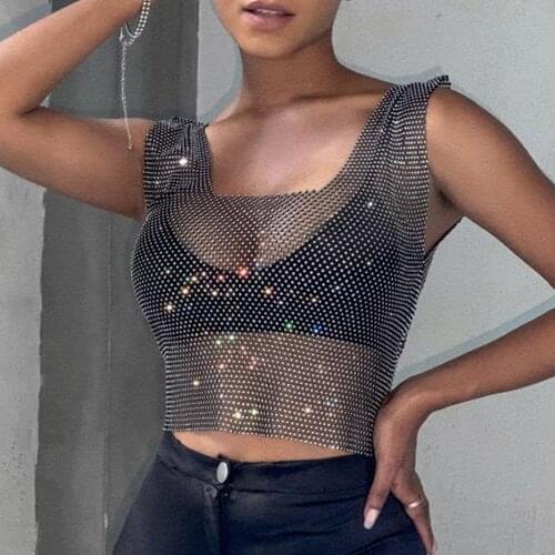 Sexy y2k See Through fishnet tank corset crop top summer clothes for women Cover Up bikini Rhinestone mesh Beach party club tops