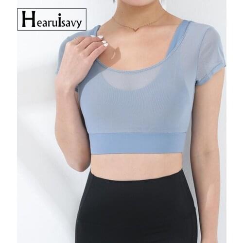 Breathable Mesh Sports Crop Top Summer New Fake Two Pieces Short Sleeve Yoga Shirts Women Outdoor Running Shockproof Fitness Bra