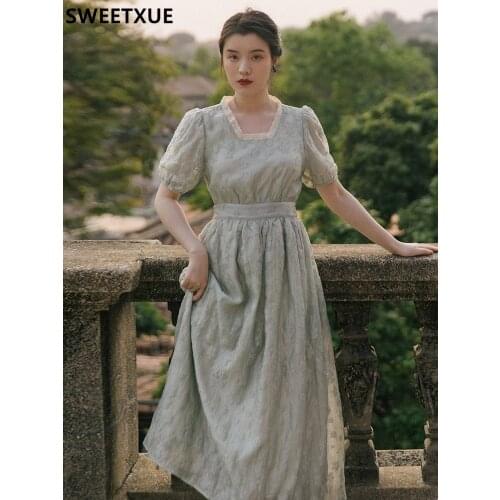 SWEETXUE 2021 Women Summer Fashion Temperament Elegant Vintage Square Neck Puff Sleeves Chic Party Lady Dress Vestidos Mujer