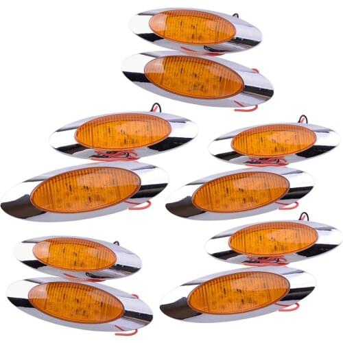 10Pcs/Set 2 Wires 12V Universal Amber LED Clearance Thin Side Marker Lights Fit For Freightliner Truck 16 LED Chrome Oval