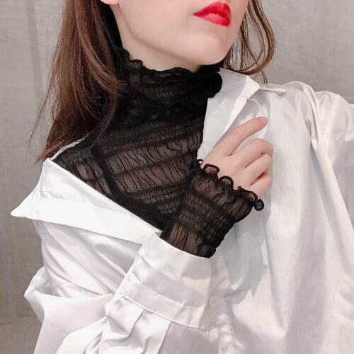 Women Blouse Black with High Collar Lace Womens Autumn Winter Long-Sleeved Sweater Gauze Clothes Mesh Top Blusas Ropa De Mujer
