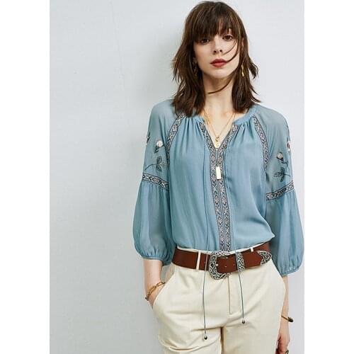 100% Silk Blouse Women Vintage Embroidered Tie V Neck Lantern sleeve Pullover 2 Colors Elegant Casual Top New Fashion