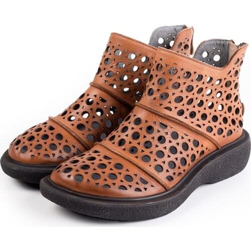 Women Genuine Leather Boots Woman Summer Shoes Flat Heels Zipper Large Size Black Brown With Hole 2019 New Fashion Free Shipping