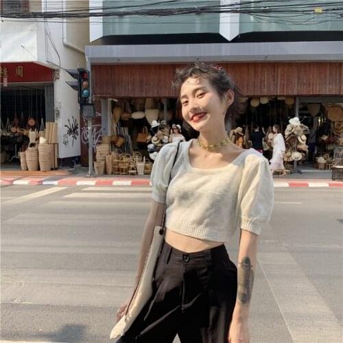 Womens T-shirts Tops Japanese Kawaii Ulzzang Casual Ins Bubble Sleeve Square Collar T-shirt Female Harajuku Clothes For Women