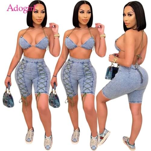 Adogirl Women Sexy Jeans Two Piece Set Halter Backless Bra Top Zipper Back Cross Lace Up Shorts Fashion Summer Denim Suit