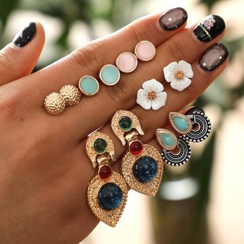 6Pairs Boho Fashion Statement Earrings For Women Vintage Resin Flower Stud Earrings Set Femme Brincos Jewelry