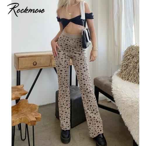 Rockmore Printed Knitted Pants y2k Vintage Long Trousers Women Slim Straight Pants High Waist Joggers Streetwear Harajuku Pants