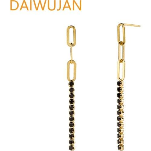 DAIWUJAN Vintage Geometric 925 Sterling Silver Drop Earrings Gold Color Black Colorful Purple Zircon Tassel Earrings for Women