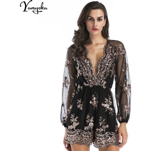 2020 Sexy Women Sequins Body Embroidery Jumpsuit Tassel Short Romper Luxury Nightclub Party Mesh Sleeve Playsuit V Neck Overalls
