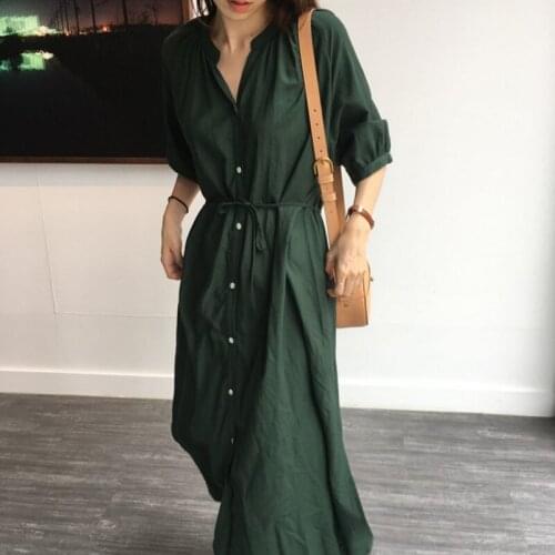 New Design Long Shirt Dress Women 2020 New Summer Green Caramel Colour Half Sleeve Loose Oversize Ankle Length Chic Casual Dress