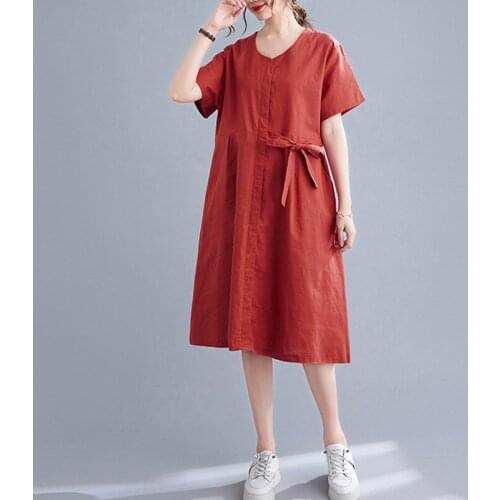 Women Cotton Linen Casual Dress New 2021 Vintage Style V-neck Solid Color Loose Comfortable Female A-line Long Dresses B466