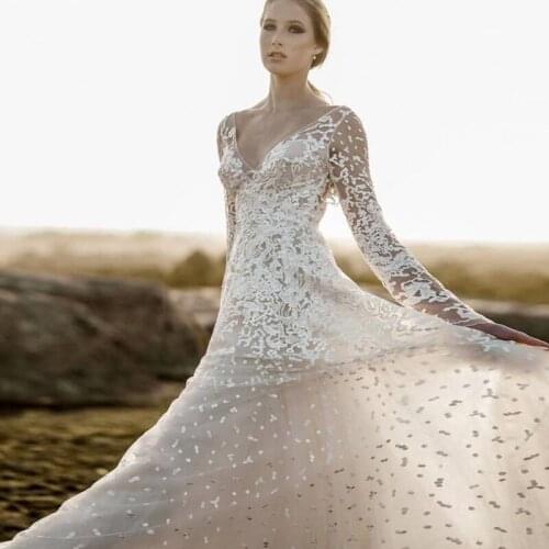 Long Sleeves Beach Wedding Dress 2021 A Line Open Back Floor Length Illusion Women Brides Lady Robe De Mariee
