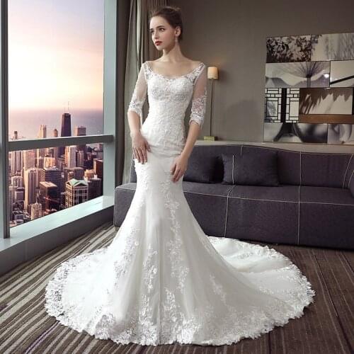 Mermaid Wedding Dress 2021 The Bridal Half Sleeve O-neck Court Train Lace Up Trumpet Gown Princess Luxury F