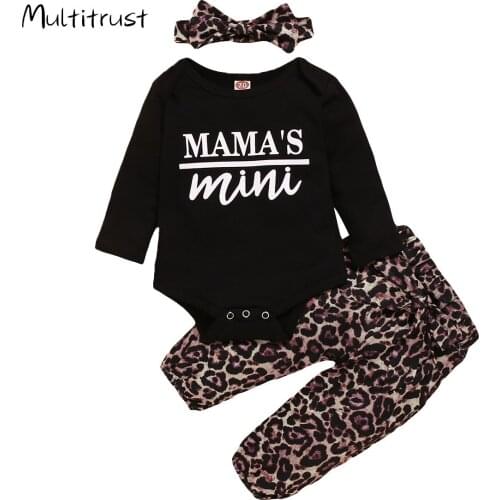 2020 Newborn Baby Girls Boys Clothes Sets Letter Print Romper Leopard Pants Headband 3PCS Autumn Outfits 0-18M