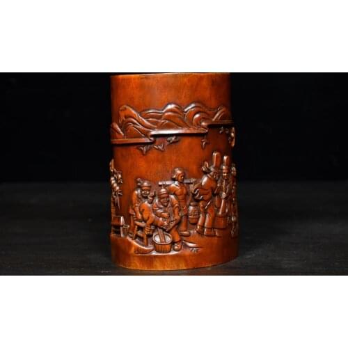 5" China Collection Old Boxwood Hakka pen holder statue Hakka Cradle Busy pattern of men, women and children Pen holder