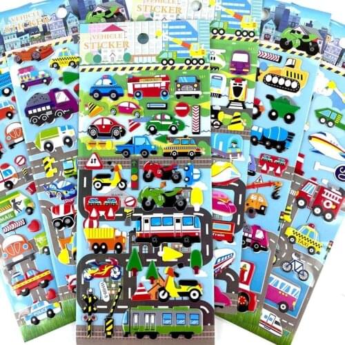 5 Sheets 3D Bubble Sticker Car Truck Plane Traffic Waterproof Cartoon Anime Stickers For Girl Boy Kids Funny Educational Toys