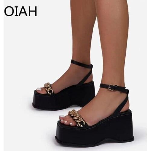 OIAH Design Women Wedges Heel Sandals Open Round Toe Buckle Strap 2021 Footwear Metal Decoration Concise Breathable Ladies Shoes