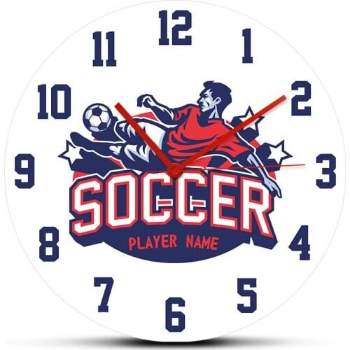 Soccer Player Doing Bicycle Kick Personalized Player Name Wall Clock Watch Clocks Custom Football Theme Quartz Round Horologe