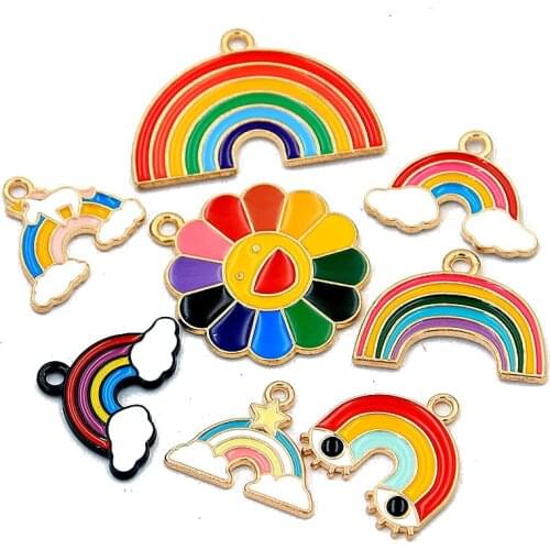 10Pcs 8 Styles Alloy Metal Drop Oil Rainbow Sun Flower Colorful Charms KC Gold Pendant For DIY Bracelet Necklace Jewelry Making