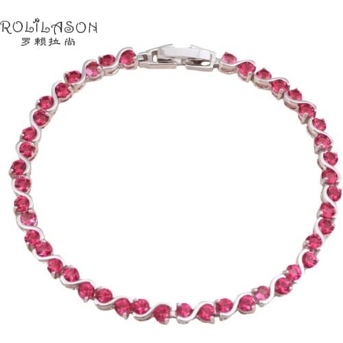 ROLILASON daily lovely style Rose Pink Crystal zircon silver wave design chain Bracelets Mini Round fashion jewelry TB792