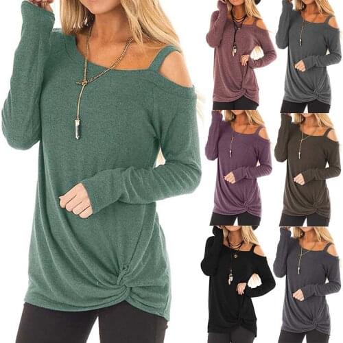 2021 Spring Winter Hot Sales Womens Casual Tops Soft Material Long Sleeves Solid Color T-Shirts Ladies Sexy Skew Collar Tees