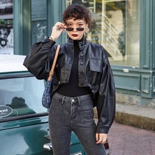 Spring Women Jacket Black Leather Jackets Coat Loose Bat Type Drawstring Locomotives Jackets Autumn Womens Short Jacket Coat
