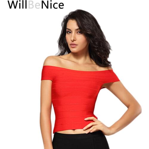 WillBeNice Cheap New Arrival Top Quality Red Women Off Shoulder Solid Bandage Tank Top
