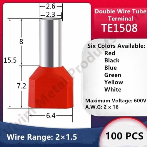 100PCS TE1508 Double Pipe 0.5~6.0² Cold Pressed End Double Wire Tube Shaped Insulated Tubular Terminal